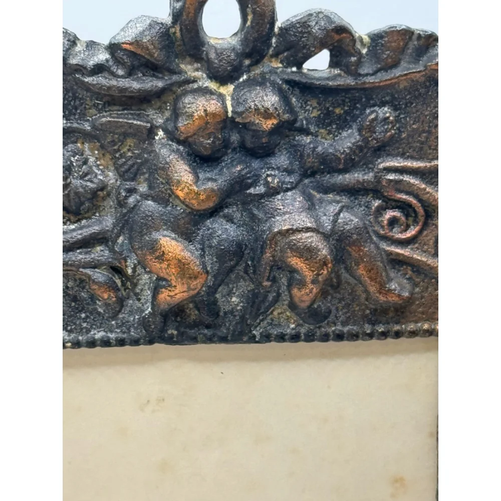 Vintage Ornate Cast Metal Picture Frame Cherub Floral Black Bronze Patina 4.5x6